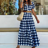 Toloer Spot 2023 Summer New Fashion Stand Collar Short Sleeve Bohemian Medium Long Plaid Dress-Outfit