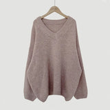 Solid Color V-Neck Oversized Sweater-Outfit