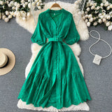 Korean Chic Elegant Pink V-neck Stitching Lace Hook Flower Waist Thin Bubble Sleeve Female Dress 2022 Summer