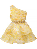 Temperament Sweet Wind Dress Women's New Summer 2025 Summer New Fashion Slanted Shoulder Hollow Waist Design Print
