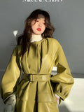 2022 PU Leather Long Jacket Korea Fashion Autumn Green Windbreaker Faux Leather Sashes Office Lady Trench Coat