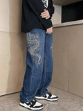 Men's Dragon Embroidered Straight Leg Jeans-Outfit