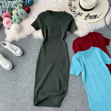 Solid-Color Temperament Round-Neck Knitted Tight Skirt Dress Bag Hip One-Step Skirt Dress Mid-Long