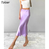 Solid Purple Satin Silk Skirt Women High Waisted Summer Long Skirt New 2022 Elegant Ladies Office Skirts Midi