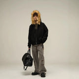 Selling Vintage Fur Collar Couple Hooded Zip Open-Air Jacket Oversize Design Niche