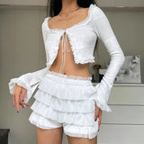 Women's Kawaii Shorts Set Flare Long Sleeve Frills Front Split Tie-up Crop Top + Layered Shorts Summer 2-piece Outfit-Outfit