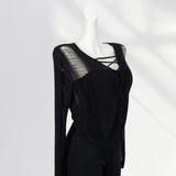 Toloer And After Two Wear Sand Dune Waste Wind Top Hole Long Sleeve T-Shirt Hollow See-Through Blouse Rope Tie Tie