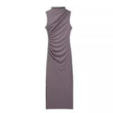 Women's Clothing 2025 Spring New Sleeveless Wrinkles Decorated Semi-High Collar Net Fan Flute