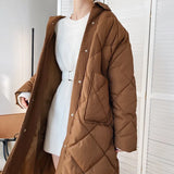 2021 Winter New Korean Style Long Cotton-padded Coat Women's Casual Stand-up Collar Argyle Pattern Oversized Parka Chic