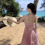 Desire Wind Sexy Dew Back Hanging Neck Halter Belt Skirt Female Summer New French Temperament Super Fairy Seaside Holiday Dress-Outfit