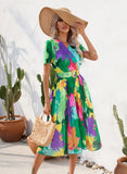 Women's Wear Station Summer Print Wrinkle Medium Long Short-Sleeved Dress-Outfit