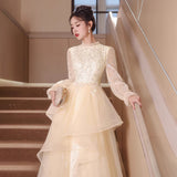 Dress Light Luxury Niche Banquet Host Graduation Dress 2025 New Champagne Long-Sleeved Art Exam