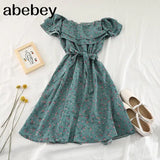 Print Floral Women Dress Spring Summer Bow Vestidos Chiffon Beach Style Student Sweet Mini