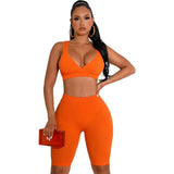 Solid Color Backless Crop Top And Shorts Casual Sports Two Piece