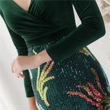 Winter Elegant Velvet With Sequins Deep V Neck Long Sleeve Slit Cocktail Eevening