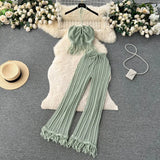 Toloer Seaside Vacation Set Women's Summer Knit Tassel Hanging Neck Top High-Waisted Hollowed-Out Trousers Two-Piece