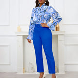 New Fashion Print Strap Long-Sleeved Top High-Waisted Trousers