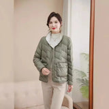 Autumn And Winter New Fashion Standing Collar Down Jacket Female Short Money Pressure Glue White Duck Velvet Light Warm Coat To Wear Both Sides-Outfit