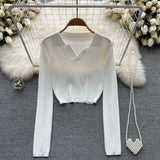 Autumn Knitted Women Short T Shirt Lapel V Neck Slim Long Sleeve Sweater Top Fashion Streerwear Short Solid