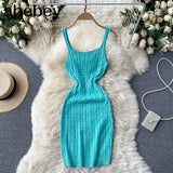 Women Knitted Strap Dress Sexy Sleeveless Slim Elastic Pencil Dress Summer Korean Bodycon Streetwear Short
