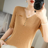 Toloer 2024 New Short Knit Women's Fashion Slim Short-Sleeve T-Shirt Thin Medium Sleeve Top-Outfit