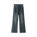 Blue Slightly Flared Jeans Women High Waist Casual Wide Leg Pants Y2k Korean Femme Slimming Small Denim Trousers