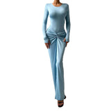 Women's 2025 Summer New Round Neck Fashion Sexy Body Folding Fork Long Sleeve Skirt