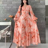 Dress Women 2025 New High-End Sense V-Neck Pearl Buckle Lantern Sleeves Wide Swing Print Long