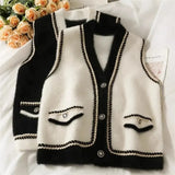 Korean V Neck Short Sweater Vest Women Vintage Button Up Knitted Waistcoat Elegant Mink Fleece Sleeveless Cardigan