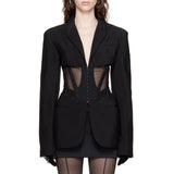 Toloer Coat Female 2024 New French Casual Fish Bone Beam Waist Mesh Stitching Slim Perspective Small Suit Summer-Outfit