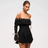 Black Off-Shoulder Lace Sleeve Mini Dress-Outfit