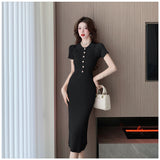 Real Shot Is Pure, Stylish, Sexy, Slim, Thin, Lapel, Short-Sleeved, Knitted, Buttocks, Fishtail Dress, Summer Dress-Outfit