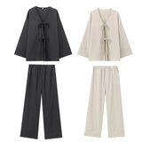 Wind Casual Set 2025 Summer Long Sleeve V-Neck Bow Tie With Loose-Fitting Shirt Broad