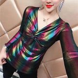 Glossy Contrasting Colors Slim T-shirt 2023 Spring Autumn Long Sleeve Female Clothing Sexy V-Neck Stylish Folds