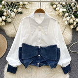 Dress Korean Fashion Design With Bow Denim Spliced Long-Sleeved Shirt Women Loose Shirt