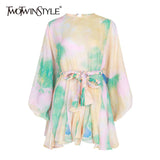 Hit Color Print Dresses Women Long Sleeve O Neck High Waist Lace Up Female Dress Spring Casual Fashion