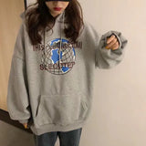Women Harajuku Hoodie Autumn And Winter Plus Velvet Sweatshirt Hip-Hop Planet Printing Fashion Hooded Loose Top Women