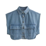 Top Women's New Women's Clothing Collar Short-Sleeved Denim Fashion Trend High Street