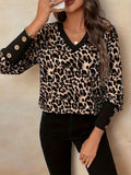 Leopard-Print Long-Sleeved V-Neck Blouse