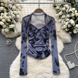 Girls Tie-Dye Mesh Jersey Long-Sleeved T-Shirt Girl Thin Perspective Temperament Fashion Folding