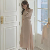 Toloer Luxury Wind Design Sense V Collar Receive Waist Show Thin Dress Female Summer New Foreign Style Pure Color In The Long Chiffon Skirt-Outfit