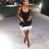 New Design Feather Fur Patchwork Sleeveless Mini Dress Sexy Skinny Bodycon Dresses party Clubwear Vestidos Summer