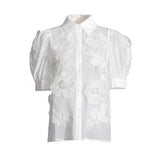 Toloer Temperament Elegant Wind Shirt 2024 Autumn New Nail Bead Three-Dimensional Flower Perspective Shirt Short-Sleeved Jacket Female-Outfit