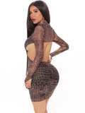 Winter Sexy Black Snake Printed high Neck Cutout Bodycon