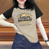 Clothing Cotton T-shirt Women's 2023 Summer New Korean Edition Contrast Printed Round Neck Short Sleeve Fashion Tops-Outfit