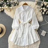 2022 Autumn New Lace Embroidery Dress Women Lantern Sleeves Dresses Female Vintage Party Beach Mini Short