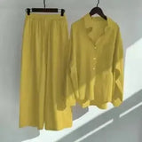 Linen Shirts Wide Leg Elastic Waist Pants Women Casual Sets Elegant Loose Long Sleeve Lapel 2023 Autumn Shirt Y2k Suit-Outfit