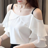 Summer Tops White Blouse Women Blusas Mujer De Moda 2021 Verano Off Shoulder Top Short Sleeve Chiffon Blouse Shirt