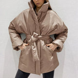 Stand Collar Parkas Women Fashion Tie Belt Loose Coats Women Elegant Spring Casual Long Cotton Jackets Female
