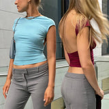 Toloer Out Back Top Tight Short Sleeve Navel Half High Collar Solid Color 2024 Summer Hot Girl Sexy Female T-Shirt-Outfit